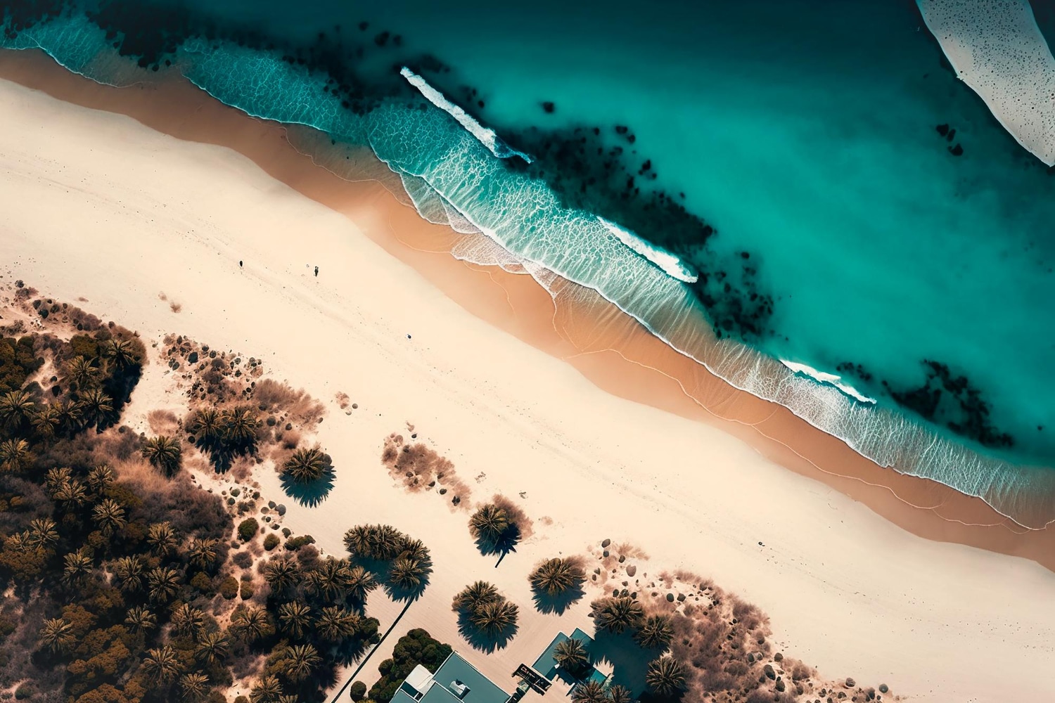 vue aerienne plage paradisiaque palmiers eau turquoise generative ai