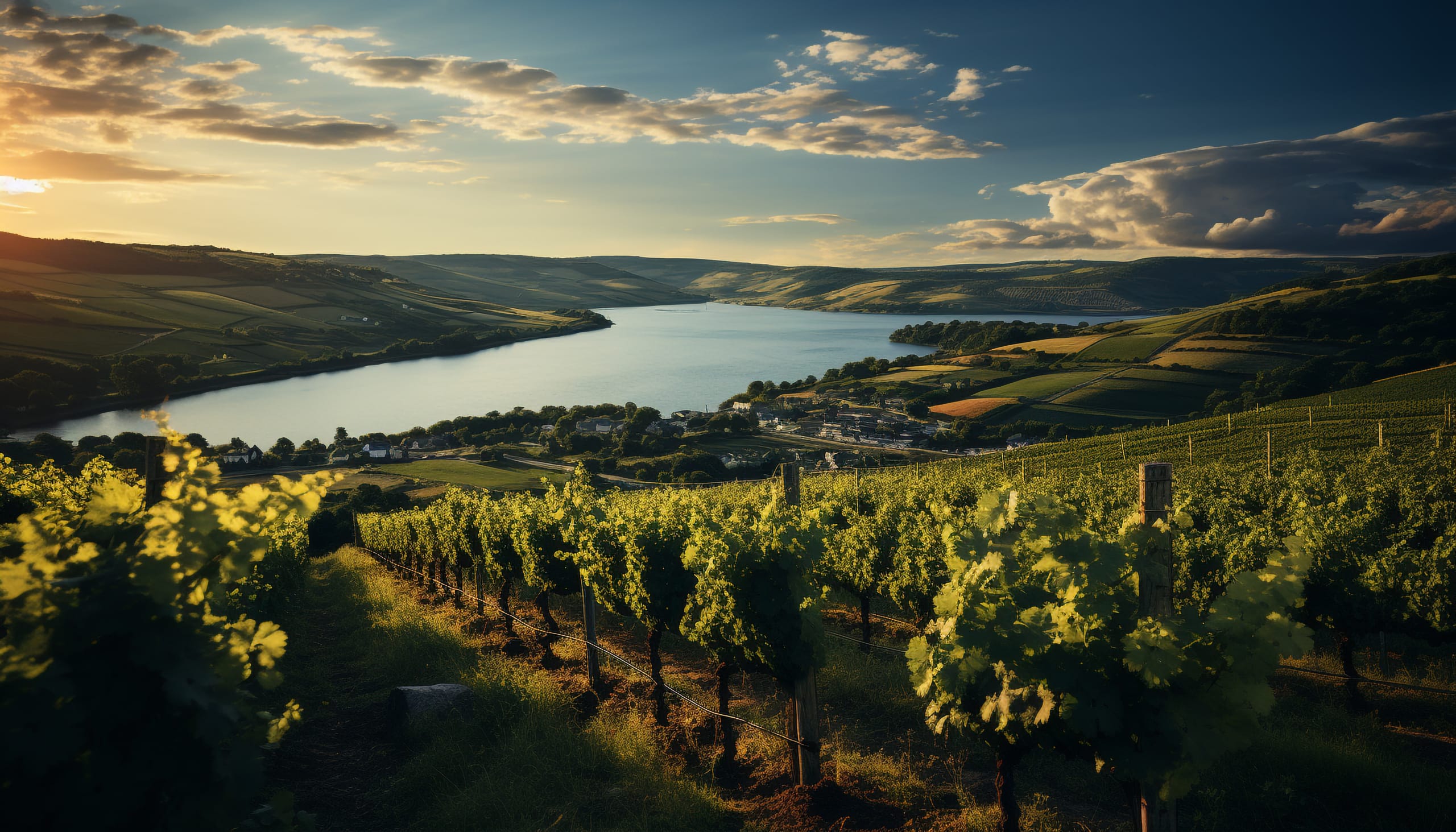 photo au drone d'une vigne avec vue sur un lac